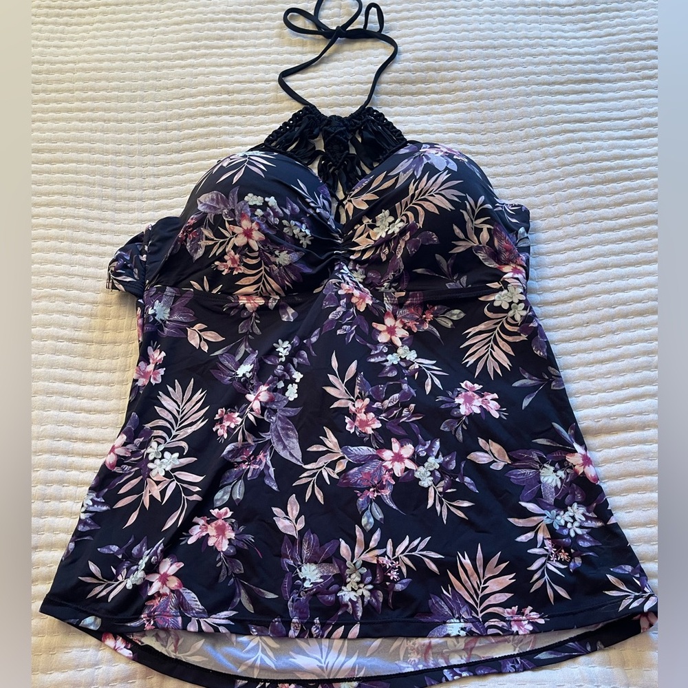 Women’s Floral Halter Tankini Top - Black with Purple Floral